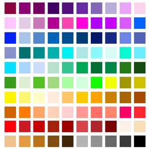Peut inclure: Une grille de 100 carr&eacute;s de couleurs unies diff&eacute;rentes. Les couleurs varient du rose clair au violet fonc&eacute;, en passant par les bleus, les verts, les jaunes, les oranges, les rouges, les bruns, les gris et le noir. Les carr&eacute;s sont dispos&eacute;s en grille.
