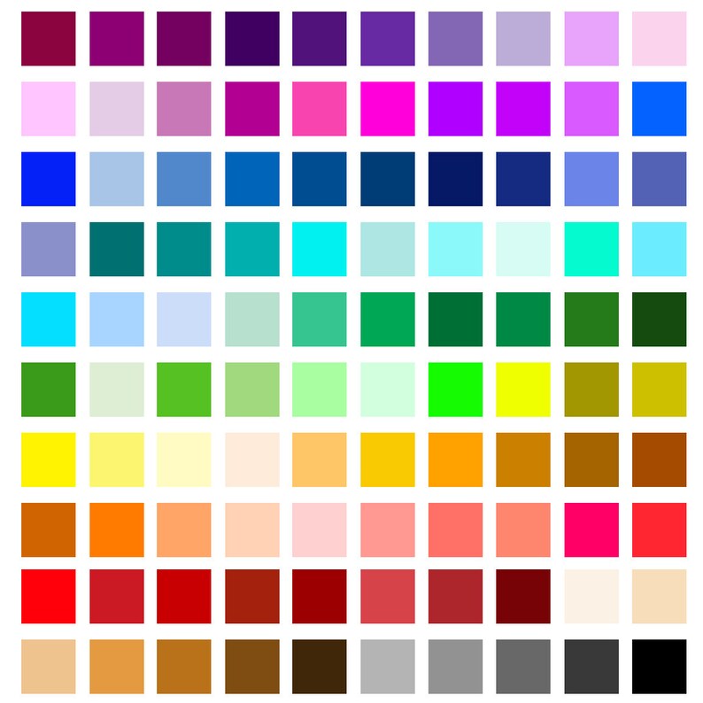 Peut inclure: Une grille de 100 carr&eacute;s de couleurs unies diff&eacute;rentes. Les couleurs varient du rose clair au violet fonc&eacute;, en passant par les bleus, les verts, les jaunes, les oranges, les rouges, les bruns, les gris et le noir. Les carr&eacute;s sont dispos&eacute;s en grille.