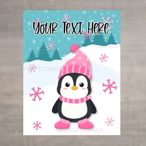 May include: Digital illustration of a penguin in a pink hat, scarf, and boots, set in a snowy scene with snowflakes and the text "Your Text Here". The background is light blue with trees and stars.