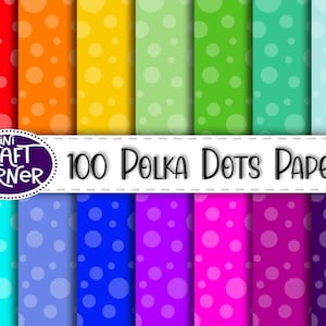 Puede incluir: Un conjunto de 100 papeles digitales con patrones de lunares en varios colores, incluyendo rojo, naranja, amarillo, verde, azul, morado y rosa. Los papeles son perfectos para manualidades, scrapbooking y otros proyectos creativos.