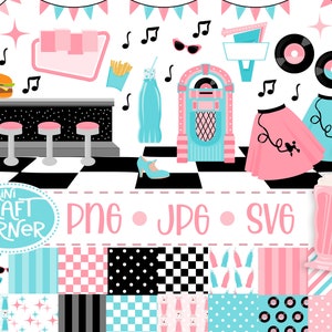 DIGITAL 50s Clipart / Sock Hop SVG / Retro SVG / 50s Retro Party / 50s Party / Record and Jukebox Digital Clipart / Jukebox Clipart Set image 1
