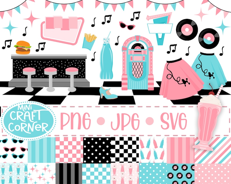 DIGITAL 50s Clipart / Sock Hop SVG / Retro SVG / 50s Retro Party / 50s Party / Record and Jukebox Digital Clipart / Jukebox Clipart Set image 1