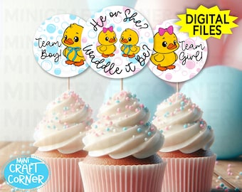 Waddle It Be Gender Reveal Cupcake Toppers. Duck Baby Shower Decor. Boy or Girl Party. Gender Reveal Party Supplies. Yellow Duck Party