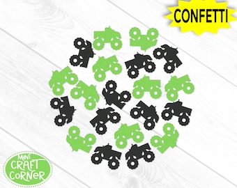 May include: Green and black monster truck confetti scattered on a white wooden surface. The word "CONFETTI" is in a yellow starburst. The confetti is in the shape of a monster truck. The Mini Craft Corner logo is in the lower left corner.