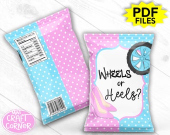 DIGITAL Wheels or Heels Chip Bag. Heels or Wheels Chip Bag. He or She. Gender Reveal. Gender Reveal Chip Bag. PDF He or She reveal