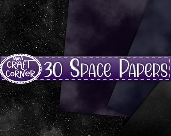 May include: A set of 30 digital papers featuring space-themed designs. The papers feature a dark blue background with white stars and nebulae.