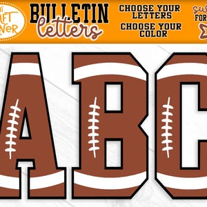 May include: Brown letters A, B, and C designed to resemble American footballs, featuring white laces and white horizontal stripes. The top banner includes the text Mini Craft Corner, Bulletin Letters, Choose Your Letters, Choose Your Color, and Swipe For More.