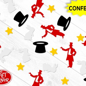 May include: A collection of paper confetti featuring black top hats, red magicians in tailcoats, white rabbits, and yellow stars. The image includes a yellow starburst shape with the text CONFEETI and a logo with the text MINI CRAFT CORNER.