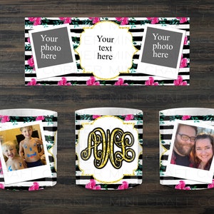 May include: Three white ceramic mugs with black and white striped backgrounds and pink floral accents. The mugs feature different designs: one with a photo of two children, one with a gold glitter monogram, and one with a photo of a couple.