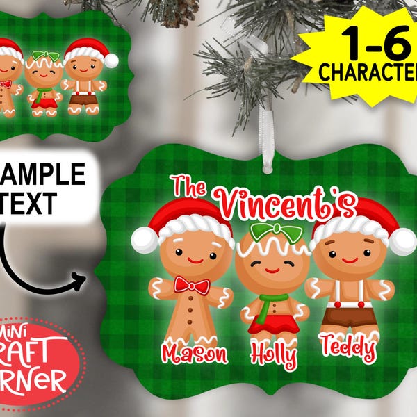 May include: Gingerbread family Christmas ornament with a green plaid background. The ornament features three gingerbread people wearing Santa hats and the family name "The Vincent's". The names Mason, Holly, and Teddy are also displayed.