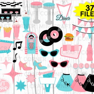 DIGITAL 50s Clipart / Sock Hop SVG / Retro SVG / 50s Retro Party / 50s Party / Record and Jukebox Digital Clipart / Jukebox Clipart Set image 2