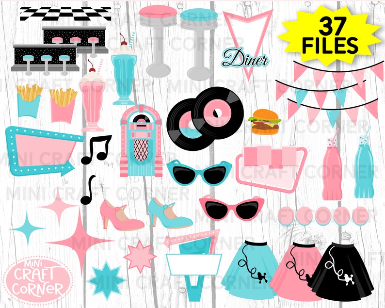 DIGITAL 50s Clipart / Sock Hop SVG / Retro SVG / 50s Retro Party / 50s Party / Record and Jukebox Digital Clipart / Jukebox Clipart Set image 2