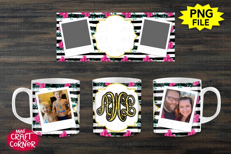 May include: Three white mugs with black and white striped backgrounds and pink floral accents. The mugs feature a black and white photo of two children, a gold monogram, and a black and white photo of a couple.