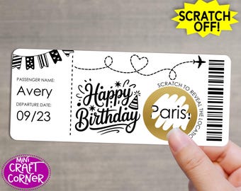 Happy Birthday Getaway Surprise Scratch Off Ticket, Birthday Vacation Reveal Gift, Surprise Trip Announcement Card