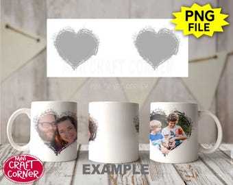 May include: Three white ceramic mugs with a heart-shaped design. The heart is filled with a photo of a family. The mugs are on a wooden surface. The text "EXAMPLE" is printed below the mugs.