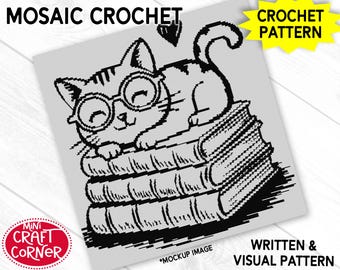 Cat Sleeping on Books Mosaic Crochet Blanket Pattern PDF | Overlay Mosaic Crochet Cat Afghan, Book Lover Crochet Design