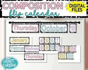 Digital Teacher Flip Calendar – Composition Book Decor, Classroom Calendar for Morning Meetings, Daily Routine, and Date Display Activities,