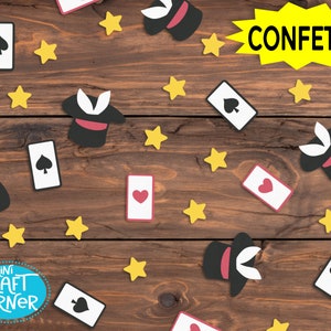 May include: A brown wooden background with confetti decorations. The confetti includes red hearts, black spades, yellow stars, and black top hats with white rabbit ears. The text "CONFETTI" is written in yellow on a yellow background.