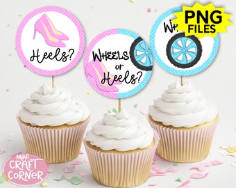 DIGITAL Wheels or Heels Cupcake Topper. Heels or Wheels Topper. He or She. Gender Reveal. Gender Reveal Cupcake Topper. He or She reveal