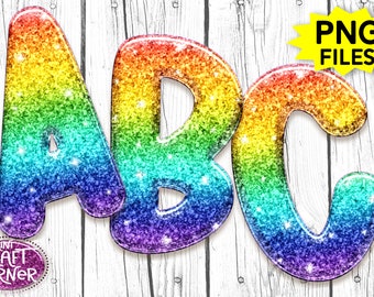 May include: Rainbow glitter letters A, B, and C. The letters are puffy and have a glossy finish. PNG files.