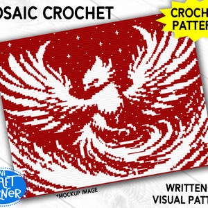 May include: A red and white mosaic crochet pattern featuring a phoenix design. The image includes the text "MOSAIC CROCHET", "CROCHET PATTERN", "WRITTEN & VISUAL PATTERN", and the Mini Craft Corner logo. The design is a mockup image.