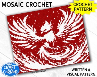 Patrón de crochet mosaico "Fénix en ascenso" / Diseño de manta de crochet en PDF, patrón afgano de pájaro de fuego, superposición de criatura mítica de crochet