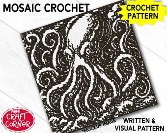 Patrón de ganchillo mosaico Kraken en PDF, patrón de manta de ganchillo mosaico superpuesto, manta afgana de monstruo marino, diseño de manta de ganchillo náutica, ganchillo mosaico