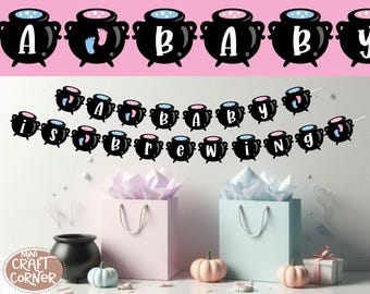 A Baby Is Brewing Banner | Gender Reveal Party Decor | Halloween Baby Shower, Witch Cauldron Theme, Spooky Brewing Party Decorations