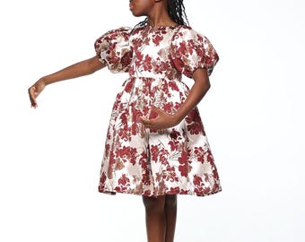 Ife Damask Girls Dress: Red & Gold Floral Ball Gown