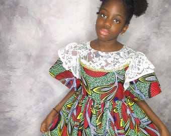 Tiara Ankara Dress for Girls: Nigerian Cotton Ethnic Fashion - Ankara and Lace dress for girls - African fabric fashion - Bridesmaids dress