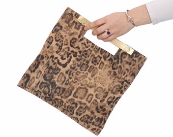 Leopard printed clutch, leather foldover handbag with metallic gold handle, evening bag