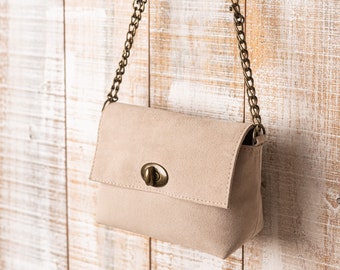 Small cross body bag, Beige suede purse, Small shoulder bag, Gold chain bag