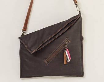 Foldover bag with 6 pockets, oversized crossbody bag in soft leather