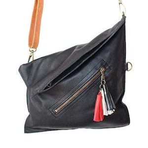 Large crossbody bag, Foldover bag, Everyday purse, Leather cross body purse with tassels