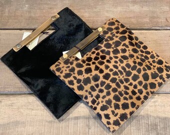 Cowhide clutch, leopard printed foldover handbag with metallic gold handle, evening bag