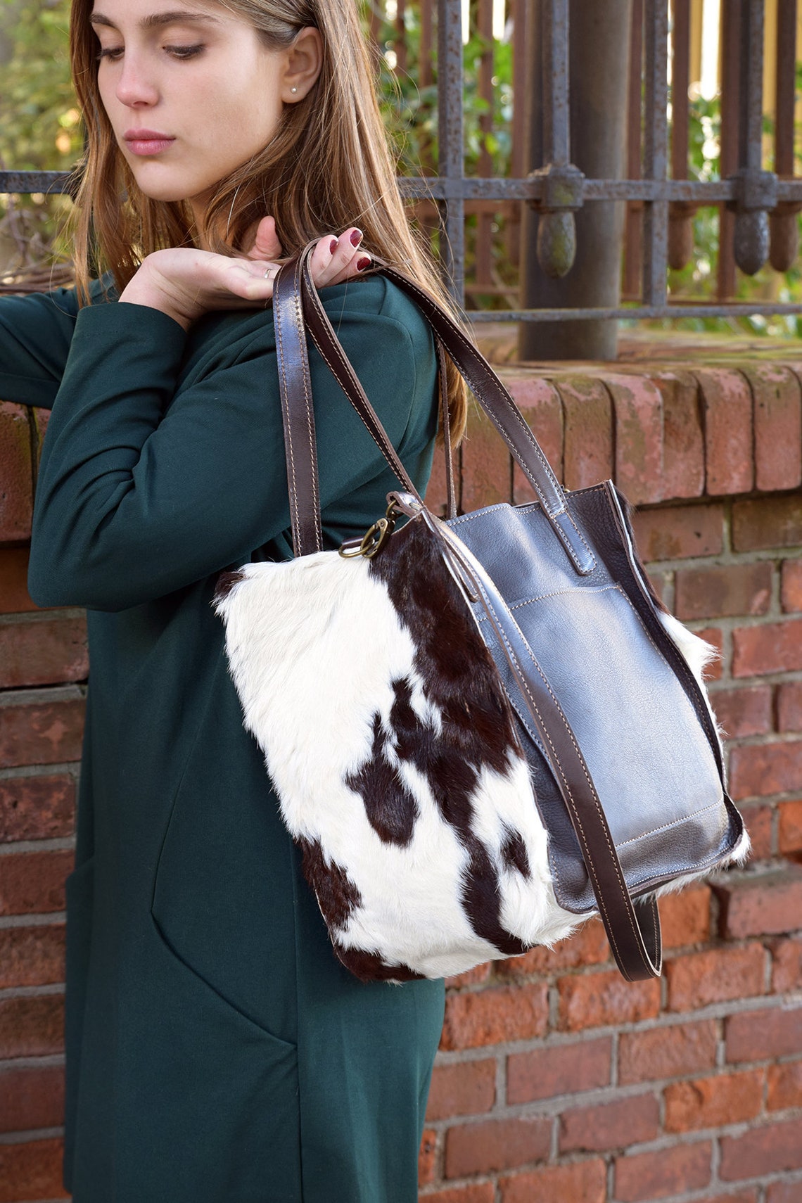 Cowhide Purse Hereford Cow Fur Bag Tote Bag With Pockets Etsy