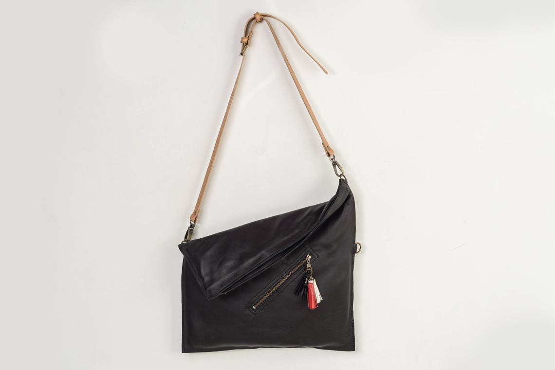 Black Crossbody Bag Leather Cross Body Purse Foldover Etsy