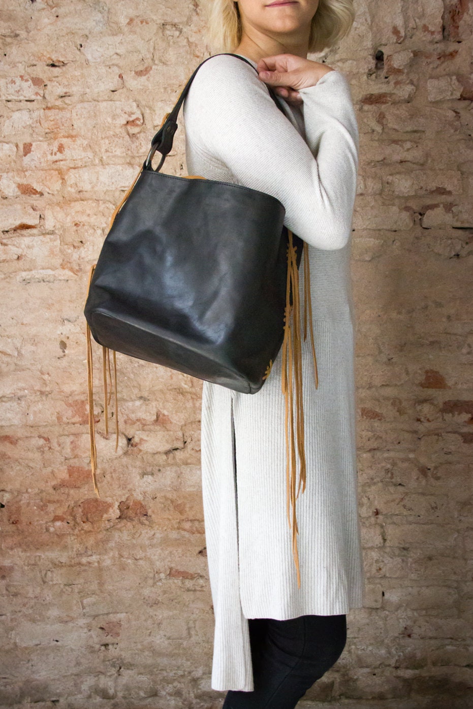 Black bucket bag leather bucket purse black leather shoulder Etsy