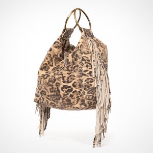 Leopard bag with fringes, printed purse with bronze rings, Leopard Print Handbag for Women