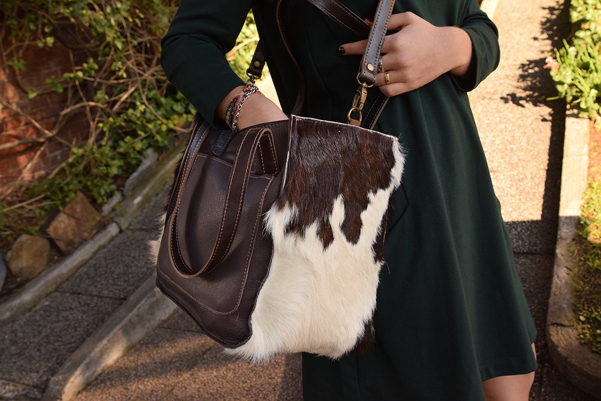 Cowhide purse Hereford cow fur bag Tote bag with pockets Etsy