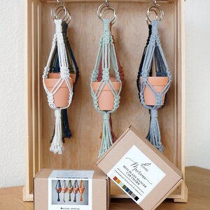 May include: Three macrame plant hangers with terracotta pots hanging from a wooden crate. The hangers are in white, green, and gray. The text on the box reads "Macrame Mini Plant Hanger Car Charm Handmade with Love in Arizona."