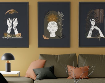 Juego de 3 impresiones de arte moderno, decoración de arte de pared moderna neutra, impresiones de arte de estilo bohemio, azul, verde, oro