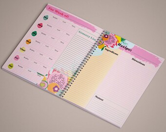 Planificador de comidas lindo, Planificador de comidas florales, Planificador de comidas de frutas, Planificador de comidas rosa, lista de compras, libro de recetas