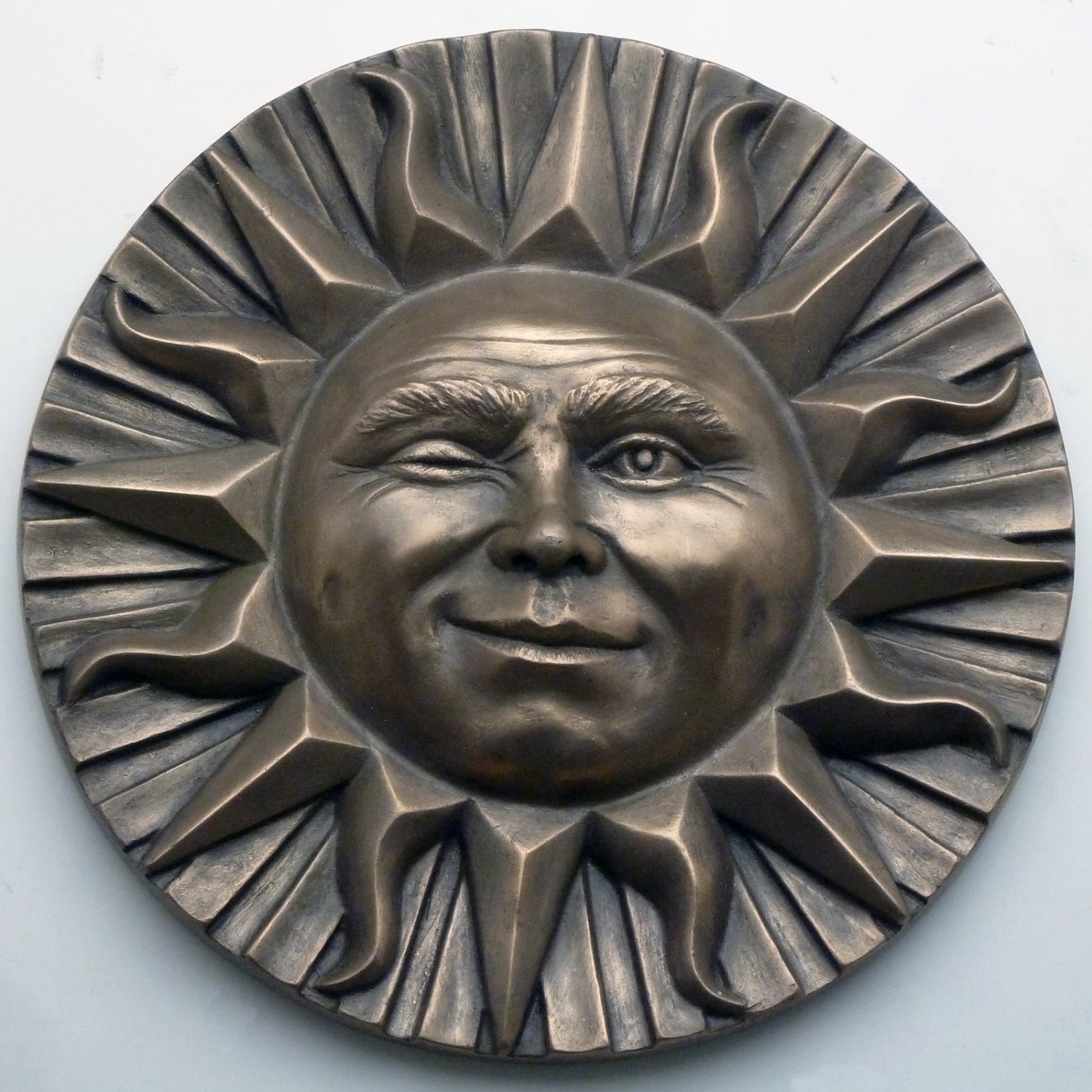 Small Winking Sun Face Wall Plaque in Bronze Resin