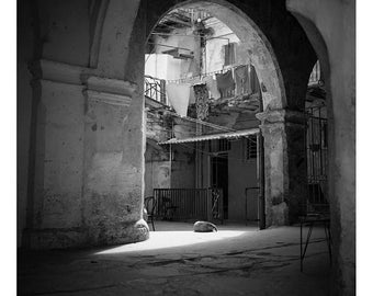 Stampa artistica firmata con cane che dorme, cortile, L'Avana Vecchia, Cuba / Fotografia di architettura cubana in bianco e nero / Foto dell'Avana