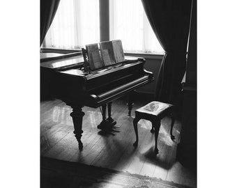 Piano, Felbrigg Hall, Norfolk, Signed Art Print / Black and White Music Room Photography / Piano Photo
