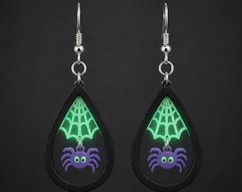 Glow in the Dark Spider Earrings, Purple Web Halloween Dangles, 3D Printed Jewelry