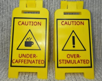 Caution Desk Sign | Under-Caffeinated Over-Stimulated Flip Sign | Funny Office Decor | Desk Accessory | Coffee Lover Gift | Work Mood Sign