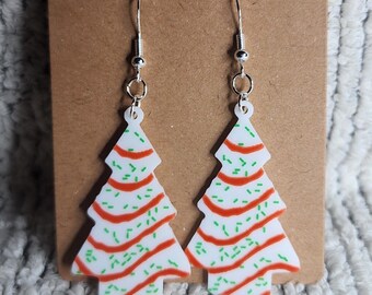 Christmas Tree Snack Cake Earrings, 3D Printed Holiday Food Jewelry