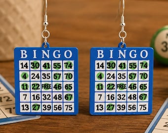 Bingo Earrings, Lightweight 3D Printed Bingo Card Dangles with Silver-Plated Hooks